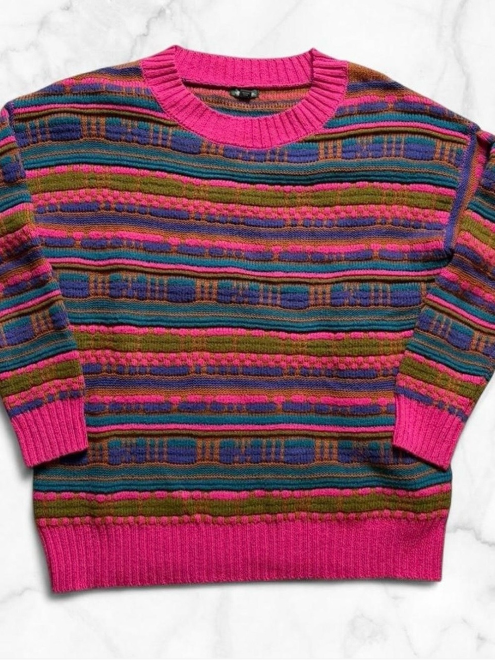 wild fable Multicolor Striped Crewneck Sweater with Hot Pink Trim
